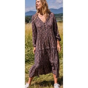 Faherty Isabella Floral Tiered Longsleeve Midi Dress Cottage Country Boho Fall S